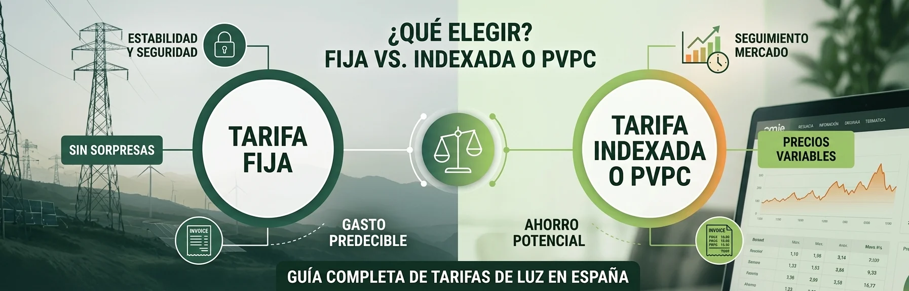 Tarifa fija vs indexada o PVPC — guía completa de tarifas de luz en España
